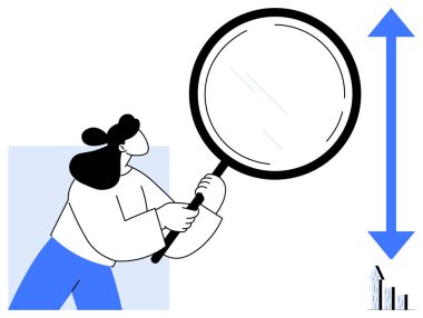 Elinde büyük bir büyüteç tutan kadın, büyümeyi temsil eden parmaklıkları inceliyor. Araştırma, analitik, strateji, ilerleme, yenilik, keşif, eğitim için ideal basit iniş sayfası