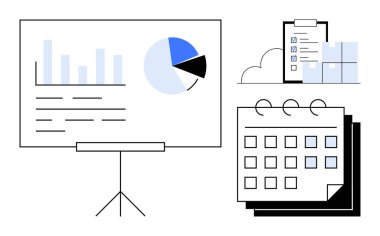 Ekran, takvim, görev kontrol listesi ve bulut depolama çubuğu grafiği. Planlama, verimlilik, veri takibi, zaman yönetimi raporlama görselleştirme için ideal. Basit.