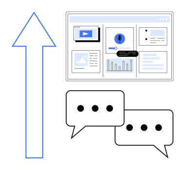 Yukarı ok ilerlemeyi vurgular, analitik ve mesajlı web ekranı veri içgörüsünü ve geri bildirimi belirtir. Takım çalışması, iletişim, iş büyümesi, dijital ilerleme ve verimlilik için ideal
