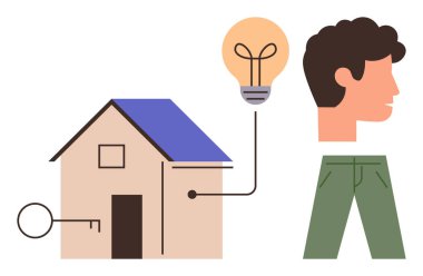 Güvenliği simgeleyen anahtar, fikirleri temsil eden ampul, bireyselliği yansıtan insan profili ve günlük yaşam tarzını simgeleyen pantolonu olan ev. Gayrimenkul, yaratıcılık, kişisel büyüme için ideal