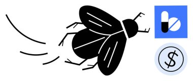 Siyah sinek hap imgeleri ve bozuk para motifinin yanında hareket halinde. Sağlık sorunları, hastalıklar, zorluklar, tıbbi maliyetler, ilaç endüstrisi, finansal yük, soyut mücadeleler için idealdir. Basit düz