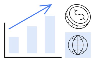 Yükselen ok, dolar para ve iş büyümesini, mali ilerlemeyi, küresel ekonomiyi, yatırımları, istatistikleri, veri analizlerini ve ekonomik eğilimleri temsil eden dünya ikonu içeren çubuk grafik. Basit düz