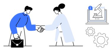 Profesyonel ve bilim adamı el sıkışıyor, bilgi ikonu ve dişli ikonlarıyla mikroskop yapıyor. İşbirliği, yenilik, araştırma, teknoloji, ortaklık, takım çalışması için ideal