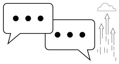 İki konuşma baloncuğu, yükselen oklar ve bir bulut yakınında süzülen elips şeklinde. İletişim, büyüme, ilerleme, takım çalışması, fikir alışverişi, yenilik ve basit düz metafor ağı kurmak için ideal