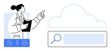 Sanal konsültasyon sırasında panoda el kol hareketi yapan bir kadın doktor. Buluta bağlı arama çubuğu. Teletıp, online danışma, web araması, iletişim, bulut servisi, sağlık hizmetleri için ideal