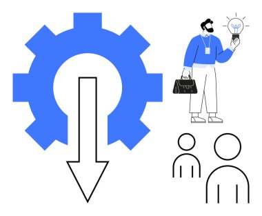 Aşağı doğru ok atan büyük teçhizat, fikirleri ve takım çalışmasını temsil eden ampul tutan kişi, işbirliğini vurgulayan iki figürlü. İş stratejisi için ideal, proje iş akışı, yaratıcı