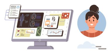 Bilgisayar ekranında tıbbi kayıtlar, sağlık analizleri, reçeteler, dosyalar, hasta profili var. Sağlık, teletıp, tanı, teknoloji yenilik veri analizi için ideal