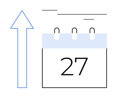 27 numaralı takvim sayfası ve yukarı doğru ok ilerlemeyi, büyümeyi, zaman çizelgelerini, teslim tarihlerini ya da gelecekteki olayları gösteriyor. Program, planlama, üretkenlik, hedef organizasyon liderliği için ideal