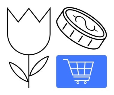 Lale çiçeği, madeni para ve alışveriş arabası ticareti, ticareti, değeri, kriptoyu somutlaştırır. Finans, yatırım alışverişi, dijital ticaret piyasası e-ticaret için ideal. Düz basit metafor