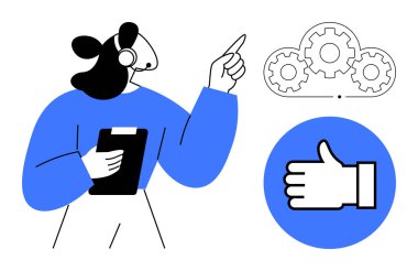 Kulaklık takmış profesyonel bir pano, vites ve başparmak kaldırma simgesi ile bulutlara doğru hareket ediyor. Müşteri desteği, bulut hesaplama, takım çalışması, iletişim, geri bildirim, hizmet, basit