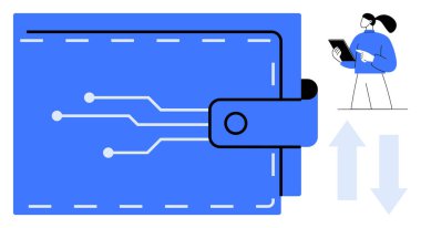 Devreli büyük dijital cüzdan, tableti tutan şahıs, veri akışını gösteren oklar. Fintech, para transferi, teknoloji, e-ticaret, ödeme sistemleri, yatırım için ideal
