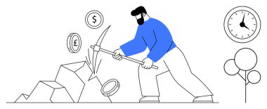 Adam yüzen paralar ve saatle çevrili bir kazmayla kayalara çarpıyor. Finans, madencilik, sıkı çalışma, zenginlik üretimi, yatırım, kaynak yönetimi için ideal, basit düz metafor