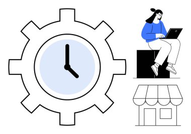 Zaman yönetimini simgeleyen vitesteki saat, dizüstü bilgisayarda uzaktan çalışan kadın, yerel işletmeler için küçük bir mağaza. Verimlilik için ideal, çevrimiçi iş, küçük işletme, üretkenlik, uzaktan çalışma, zaman