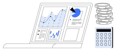 Çizgi çizelgelerini, çizelgelerini ve pasta grafiklerini gösteren dizüstü bilgisayarı aç. Yığılmış para ve hesap makinesiyle birlikte. Finans, bütçe, muhasebe, veri analizi, yatırım, iş planlaması için ideal