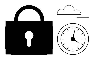 Üzerinde anahtar deliği, analog saat ve bulut yüzen siyah asma kilit. Güvenlik, zaman yönetimi, güvenilirlik, koruma, bulut depolama, dijital güvenlik gizliliği için ideal. Basit düz metafor