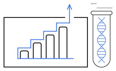 DNA ipliği içeren test tüpünün yanında yukarı doğru ok ile yükselen çubuk grafiği, bilim, yenilik, büyüme, sağlık, araştırma, veri ve biyoteknolojide ilerlemeyi simgeliyor. İdeal