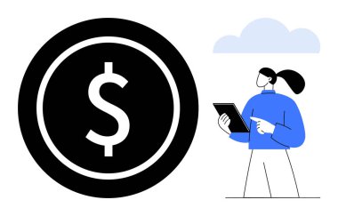 Elinde tablet olan genç bir kadın büyük bir dolar işaretinin yakınındaki mali durumları incelerken işaret ediyor. İş, finans yönetimi, yatırım, fintech, tasarruf, bütçe, basit iniş sayfası için ideal