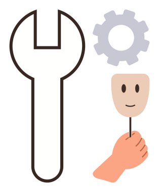 İngiliz anahtarı, teçhizat ve gülümseyen bir maske tutan el. Zihinsel sağlık, onarım, araçlar, çözümler, kişisel gelişim kimlik duyguları için idealdir. Kişisel gelişim ve çözümleri basit bir düz düzlemle temsil eder