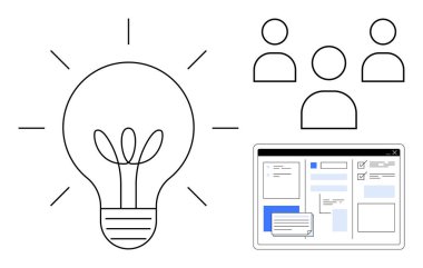 Fikirleri gösteren ampul, takım çalışmasını temsil eden üç kullanıcı avatarı ve görevleri olan internet tarayıcısı. Yenilik, işbirliği, beyin fırtınası, takım projeleri, çevrimiçi araçlar, üretkenlik için ideal basit