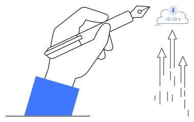 Kalemle yazılmış bir el yukarı doğru ok ve ses tanımalı bir bulut yanında. Yenilik, teknoloji, büyüme, yaratıcılık, eğitim, yazma ve ilerleme için idealdir. Basit düz metafor