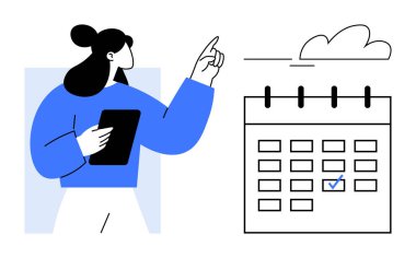 Elinde tablet tutan kadın seçilmiş tarihli yüzen bir takvime doğru hareket ediyor. Zaman yönetimi, programlama, verimlilik, organizasyon, planlama, teslim tarihleri, takım çalışması için ideal. Temiz düz metafor