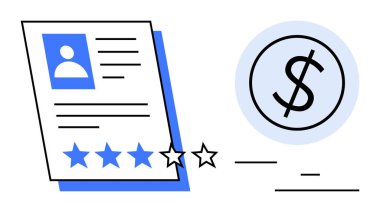 Profil kartı resmi, detayları ve bir dolar sembolü olan beş yıldızdan dördünü gösteriyor. İK, işe alım, değerlendirmeler, finans, performans, müşteri geribildirimi ve basit bir iniş sayfası için ideal