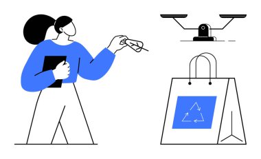 Gözlüklü ve defterli kadın terazinin yanında ve geri dönüşüm logosu olan çanta. Sürdürülebilirlik, eko-vicdan, yeşil alışveriş, denge, seçimler, eğitim, çevre için idealdir. Basit düz metafor