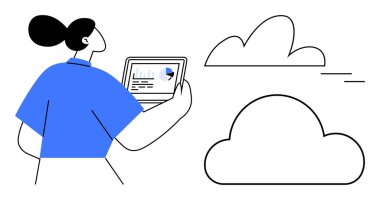 Analitik ekran ve bulut simgelerini gösteren bir dizüstü bilgisayar tutan kadın. Teknoloji, veri yönetimi, bulut hesaplama, uzak çalışma, yenilik, modern iş, basit düz metafor