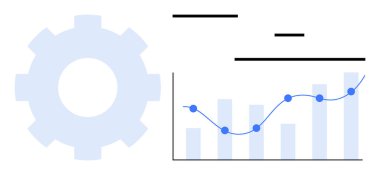 Eğilim çizgisi ilerlemesini gösteren çubuk grafiğinin yanında vites simgesi. Analiz, strateji, iş büyümesi, süreç optimizasyonu, veri izleme, teknoloji, basit iniş sayfası için ideal