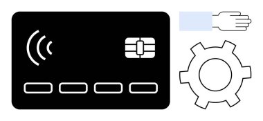 Kablosuz dalgalı siyah NFC kredi kartı, vites simgesi ve dijital işlemleri simgeleyen el hareketi. Fintech, ödeme süreci, sistem kurulumu, otomasyon, teknoloji, yenilik için ideal