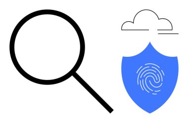 Bulut altında parmak izi içeren büyüteç ve kalkan veri koruması, siber güvenlik, dijital soruşturma, gizlilik ve kimlik doğrulamasını sembolize ediyor. Güvenlik ve teknoloji için ideal