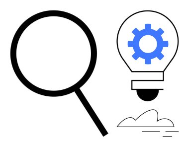 Teçhizatlı büyüteç ve ampul araştırma, yenilik, problem çözme, fikir üretimi, keşif ve yaratıcılığı sembolize eder. Teknoloji, eğitim ve strateji icatları için ideal