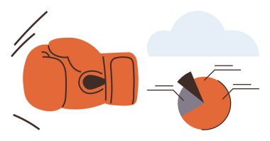 Boks eldiveni, parçalanmış turuncu pasta grafiğini soyut bir buluta çarpıyor. Rekabet, çatışma, analitik, zorluklar, takım çalışması, liderlik, gelişme için ideal. Basit düz metafor