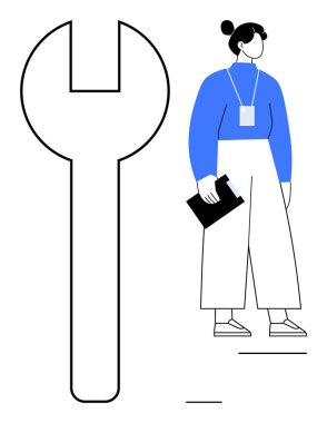 Büyük ingiliz anahtarının yanında panosu olan kadın karakter takım çalışmasını, teknik desteği, problem çözmeyi ve yeniliği simgeliyor. İşbirliği, onarım, çözüm, mühendislik, strateji için ideal