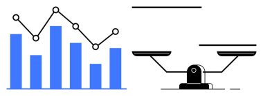 Veri analizlerini, karşılaştırmayı, karar verme mekanizmasını, eşitliği, dengeyi, değerlendirmeyi ve ilerlemeyi sembolize eden bir denge ölçeğinin yanında eğilim çizelgesi bulunan bar tablosu. İş analizi finansmanı için ideal