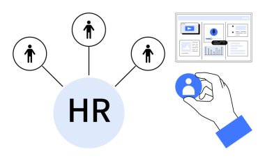 Elle seçilen çalışan avatarı, insan kaynakları merkezi, bağlı profiller, analitik gösterge paneli, takım görselleştirmesi. İnsan kaynakları, askere alma, yönetim, kariyer planlama, iş gücü analizi için ideal.