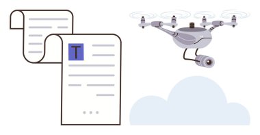 Bulutların üzerinde uçan kameralı bir kuadkopter, parşömen yakınlarındaki analiz için görüntü alıyor. Teknoloji, izleme, raporlama, belgeler, veri analizi, mahremiyet için ideal