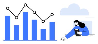 Veri eğilimlerini gösteren çizgi çizelgesi ve çizgi grafiği, elinde tablet tutan kadın kavrayışlarla etkileşimde. Ticari büyüme, analiz, veri görselleştirme, teknoloji, finans, bulut çözümleri için ideal