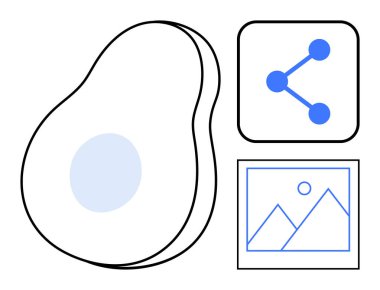 Soyut avokado özeti, üç düğümlü ağ simgesi ve minimalist resim galerisi illüstrasyonu. Gıda, paylaşım, içerik oluşturma, dijital platformlar, minimum tasarım, doğa temalı