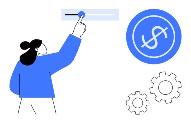 Dolar simgesi ve vites ayarları için kaydırıcı kullanan kişi, mali kontrol ve optimizasyonu temsil ediyor. Finans, teknoloji, yönetim, ayarlar, büyüme, strateji ve verimlilik için ideal