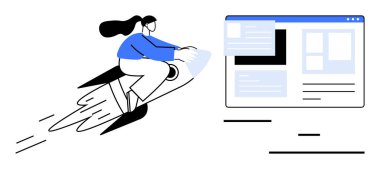 Roketli bir kadın, dinamik bir tarayıcı arayüzüne doğru ilerliyor. İlerlemeyi, yeniliği ve teknolojiyi temsil ediyor. Teknoloji, girişimler, başarı, yenilik, hız, dijital araçlar için ideal basit