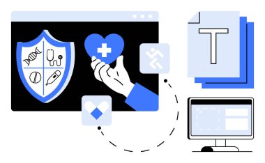 Elle tutulan kalp, tıbbi simgelerle kalkan, belge, bilgisayar ekranı, sağlık ve veri sembolleri. Sağlık hizmetleri, sigorta, sağlık, sağlık hizmetleri sağlık teknolojisi için ideal yaşam tarzı basit