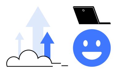 Oklar buluttan yukarıya doğru uzanıyor, büyümeyi simgeliyor, bir dizüstü bilgisayar ve gülümseyen bir yüzle birlikte. Ticari başarı için ideal, çevrimiçi platformlar, motivasyon, teknoloji, bulut hesaplama, mutluluk