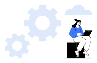 Büyük vitesler ve bulutların yanında oturan bir kadın, yenilik, iş ve işbirliğini sembolize ediyor. Takım çalışması, dijital araçlar, yaratıcılık, yazılım, mühendislik için ideal