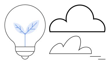Bitki filizli ampul sürdürülebilirliği simgeler. Basit bulut elementlerinin yanında parlak fikirler. Yaratıcılık, sürdürülebilirlik, yenilenebilir enerji, temiz çevre, yeşil büyüme için ideal