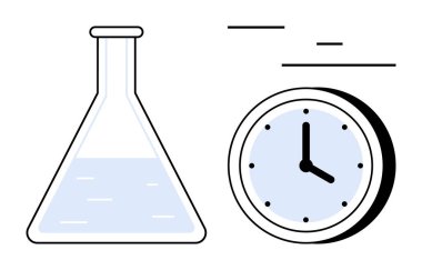 Saatin yanında sıvı bulunan şişe deneyleri, teslim tarihlerini ve verimliliği sembolize ediyor. Bilimsel araştırma, ilerleme, zaman çalışması, yenilik, verimlilik eğitimi için ideal basit iniş