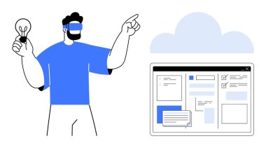 Elinde ampul tutan ve belge düzenleyici, mesaj ve kontrol listesi ile bulut hesaplama arayüzünü gösteren kişi. Yenilik için ideal, teknoloji, beyin fırtınası, işbirliği, uzak çalışma, bulut