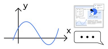 Koordinat sistemine grafiği çizilmiş, çizgi çizelgesi ve pasta grafiği olan veri paneli, konuşma balonu. Analiz, istatistik, sunum, veri eğilimleri, işbirliği, iş sade iniş için ideal
