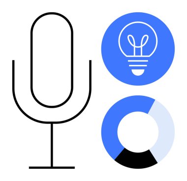 Ampul ve pasta grafiklerinin yanında mikrofon sembolü. Teknoloji, iletişim, yenilik, yaratıcılık, analitik, dijital araçlar için ideal, basit iniş sayfası