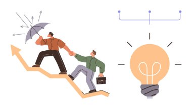 Yukarı doğru çıkan bir oka tırmanan iki kişi şemsiyeyle diğerlerini korur. Parlayan bir ampul yeniliği simgeler. Takım çalışması, büyüme, liderlik, problem çözme, danışmanlık, risk için ideal